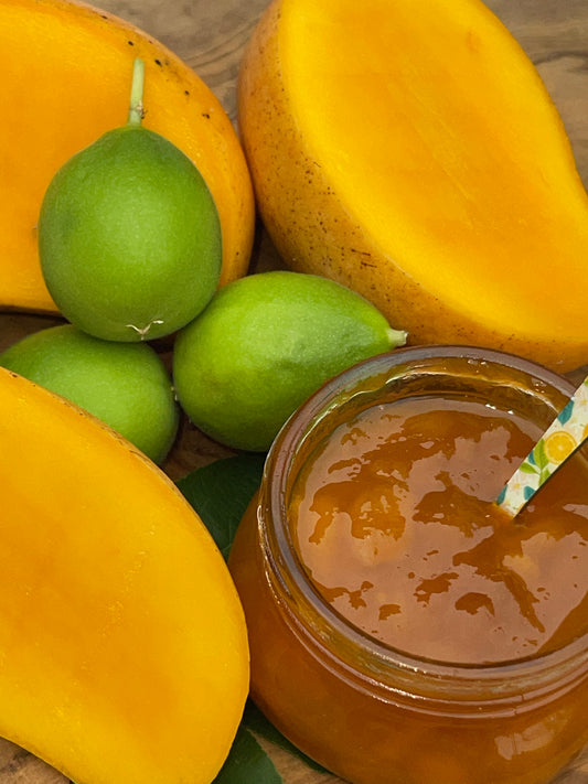 Mermelada de mango y maracuyá con agua de rosas, 4 oz y 8 oz